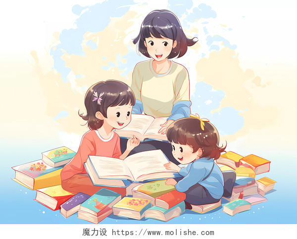 读书日妈妈带孩子亲子快乐阅读场景